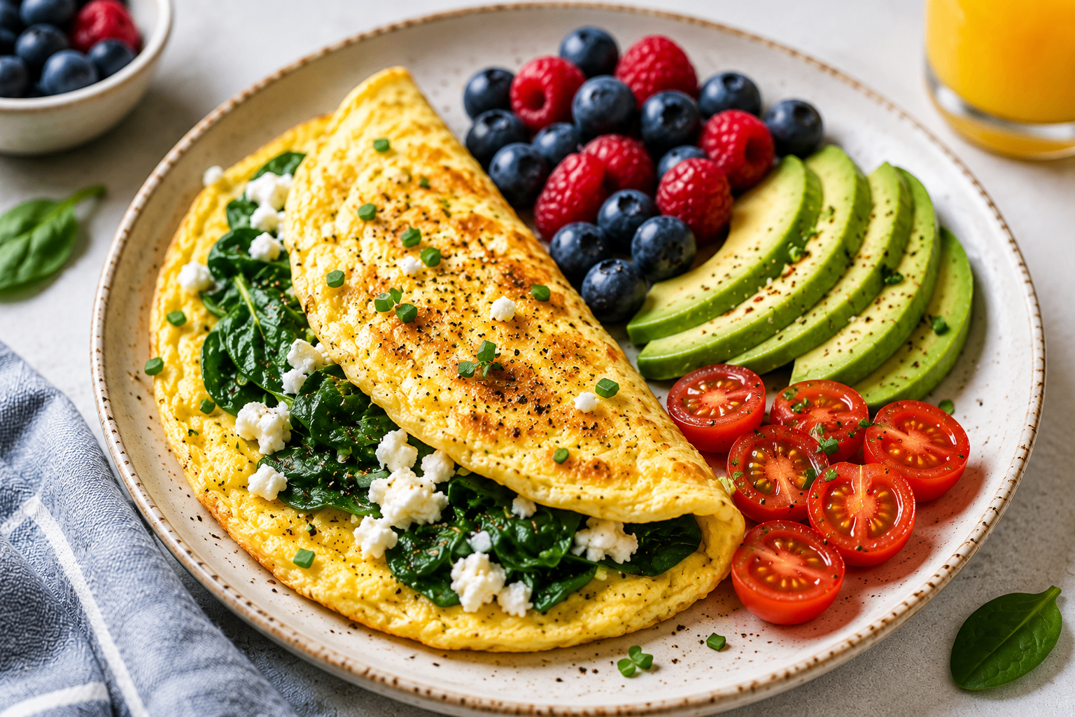 Spinach and feta omelet served with avocado, berries, and tomatoes