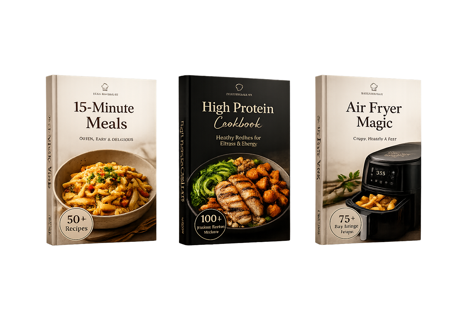 Three premium WordRecipe cookbooks — 15-Minute Meals, High Protein Cookbook, and Air Fryer Magic