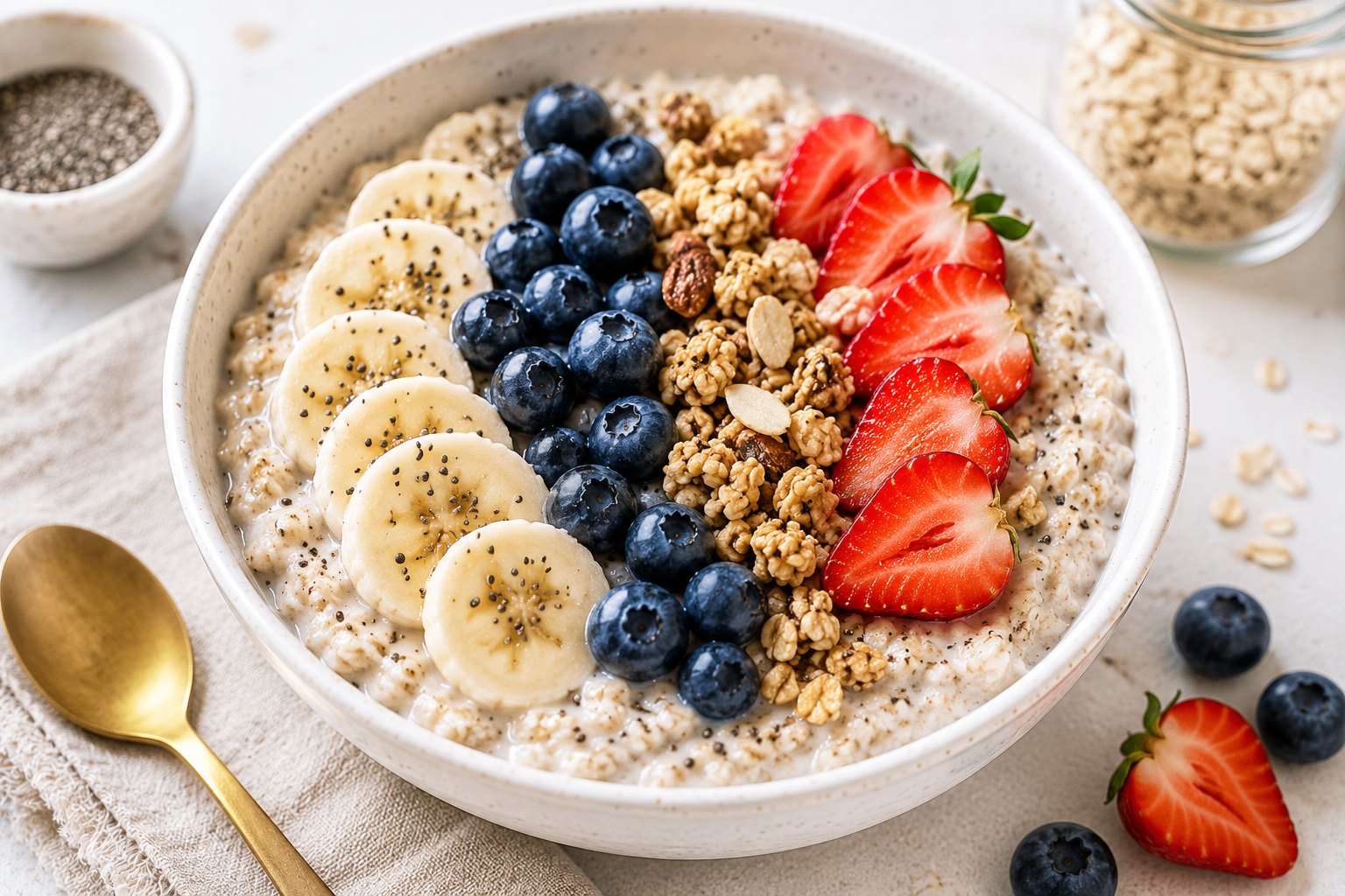 Protein oatmeal bowl topped with sliced banana, blueberries, granola, and strawberries