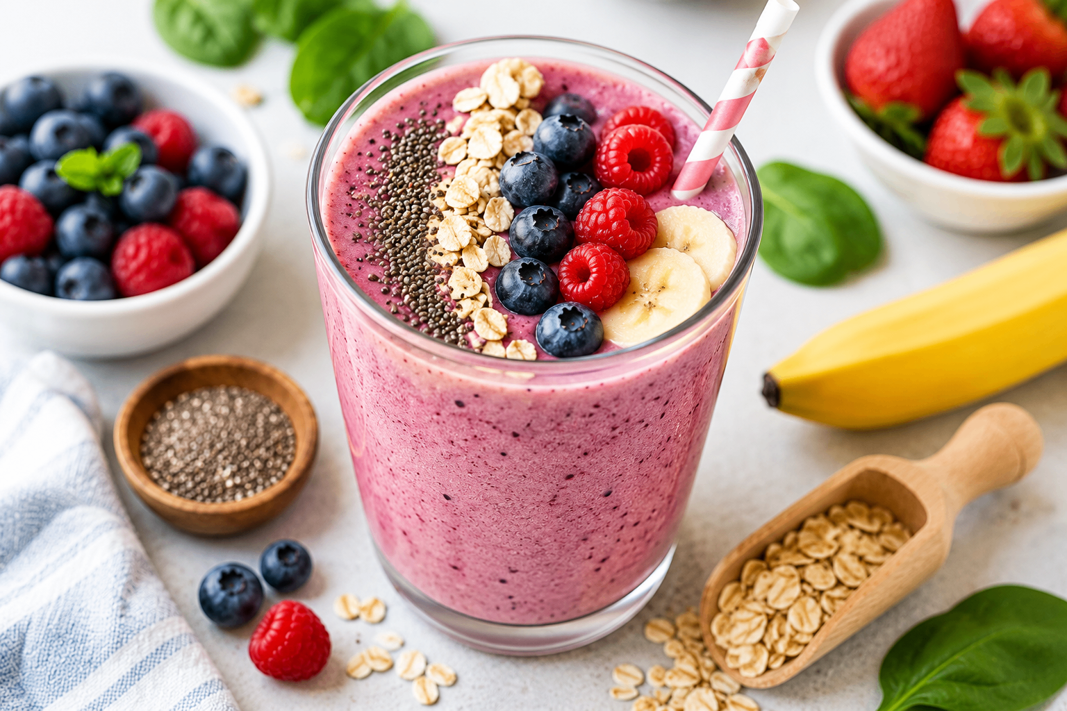 Berry protein smoothie topped with oats, chia, banana, blueberries, and raspberries