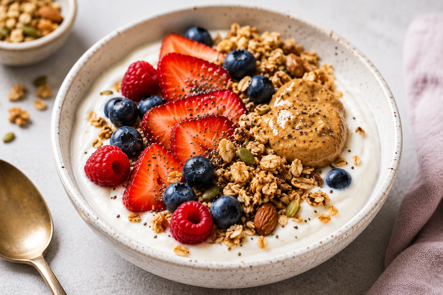 Greek yogurt protein bowl topped with berries, granola, chia seeds, and almond butter