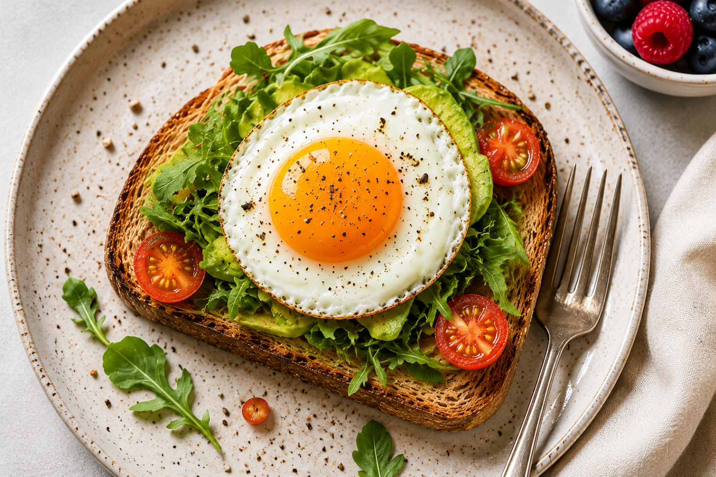 Fried egg on avocado toast with greens and cherry tomatoes