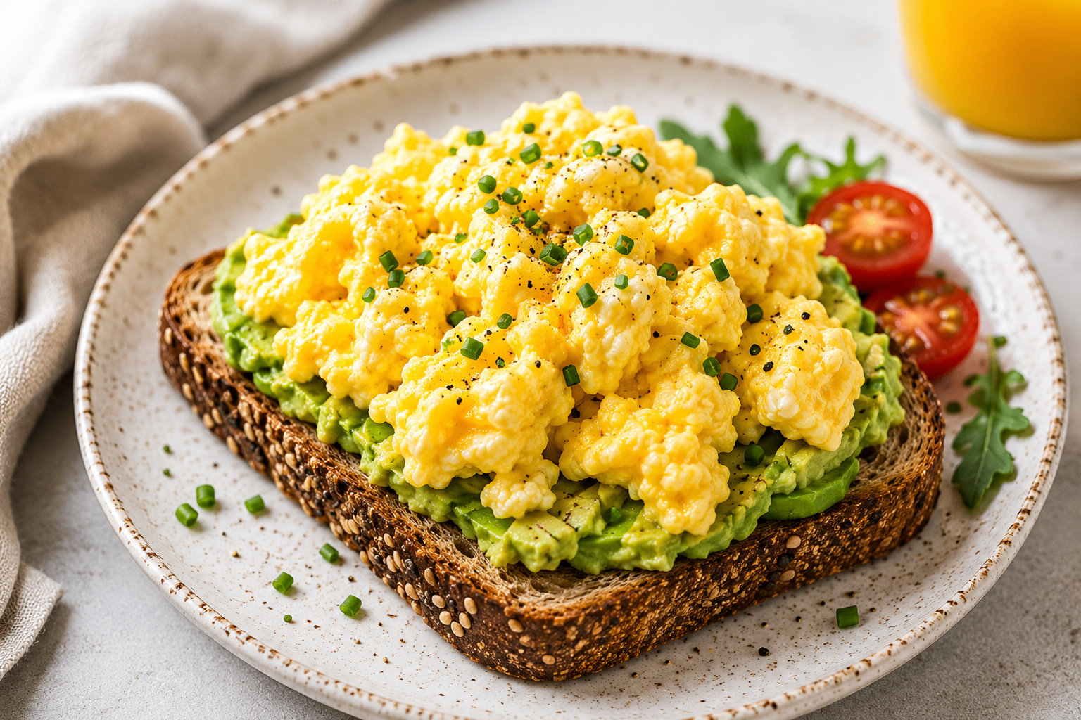 Scrambled eggs piled over avocado toast on seeded bread
