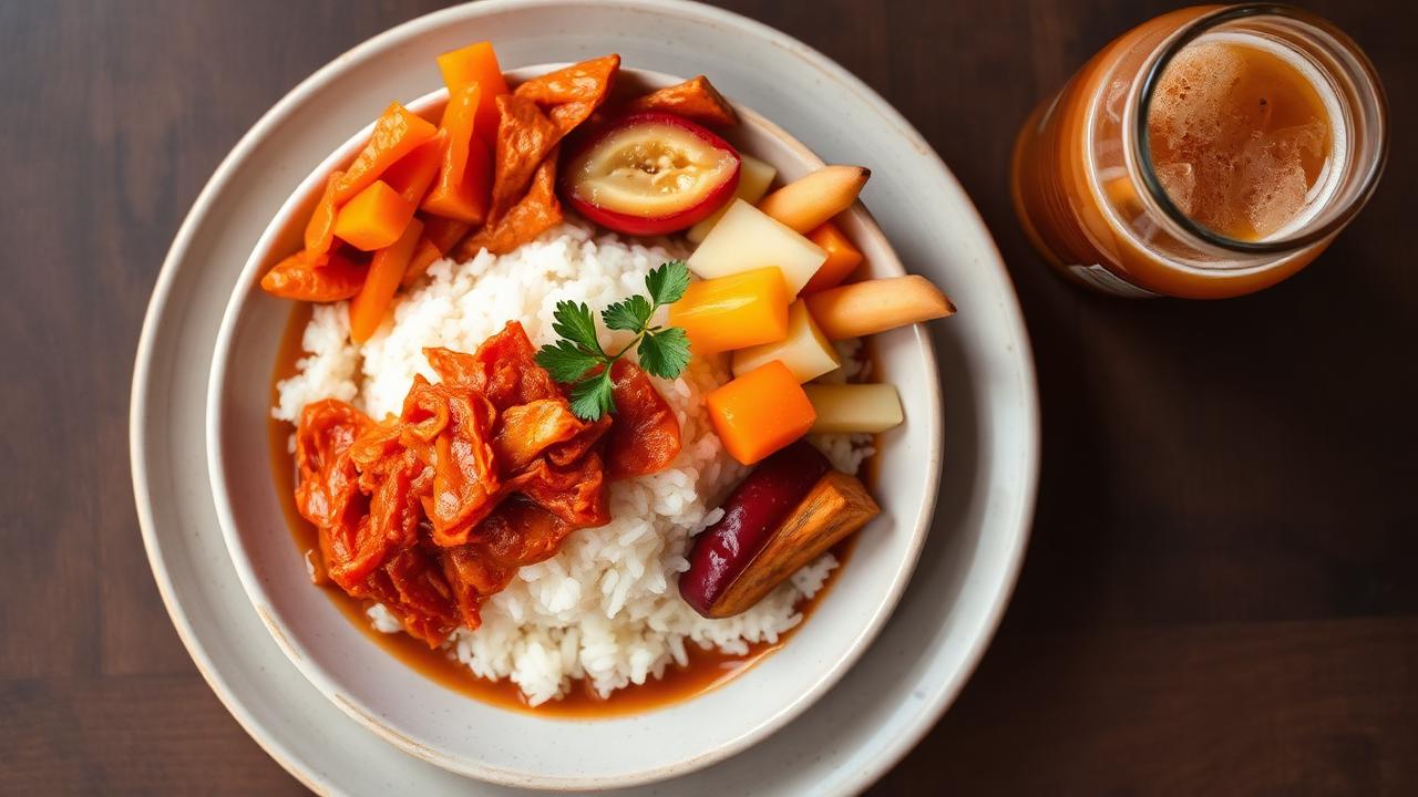 Beautiful plated meal featuring fermented foods with rice, kimchi, and pickled vegetables
