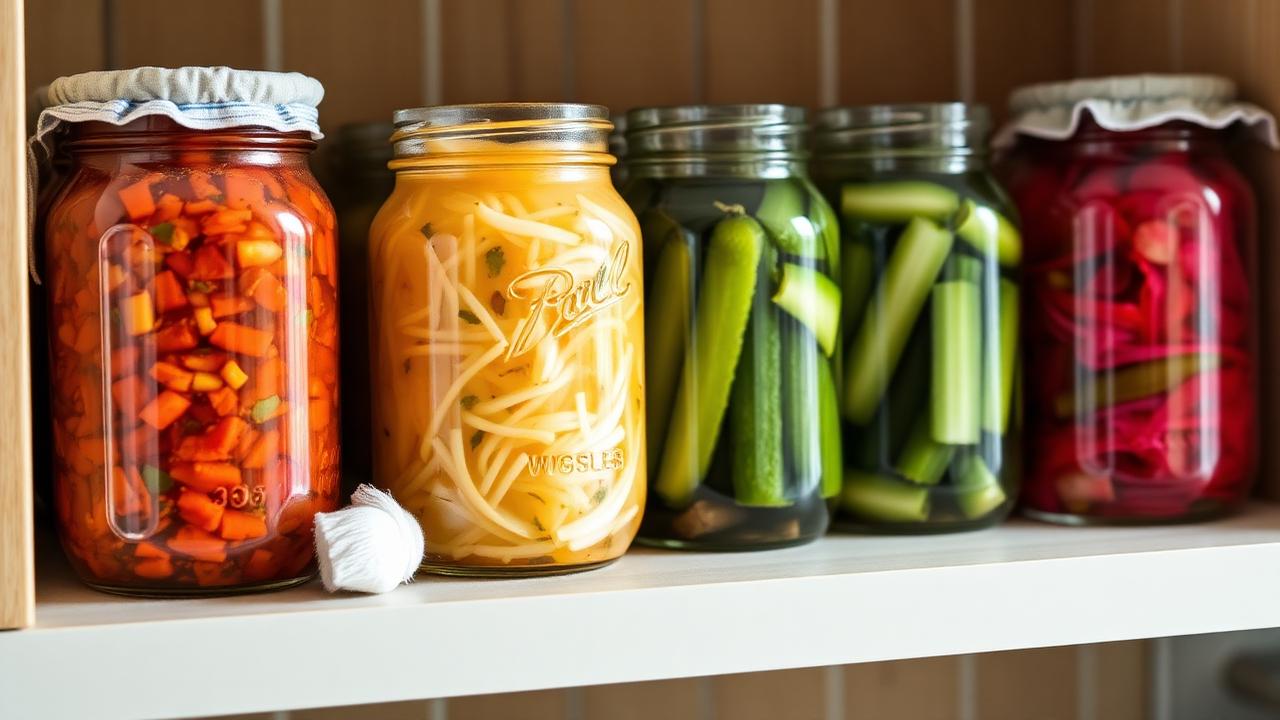 Glass mason jars filled with colorful fermenting vegetables on a kitchen shelf