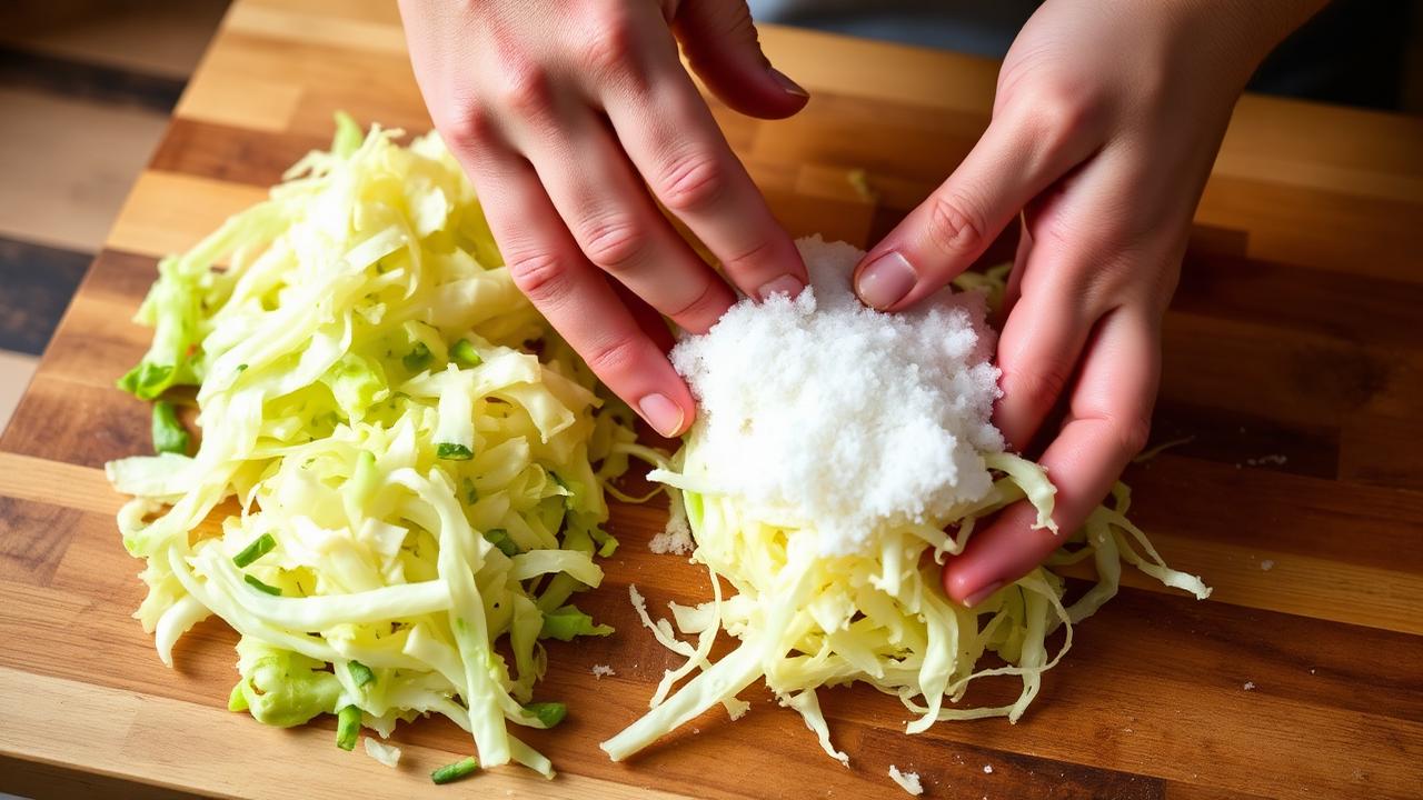 Hands massaging salt into shredded cabbage on a wooden cutting board for making sauerkraut