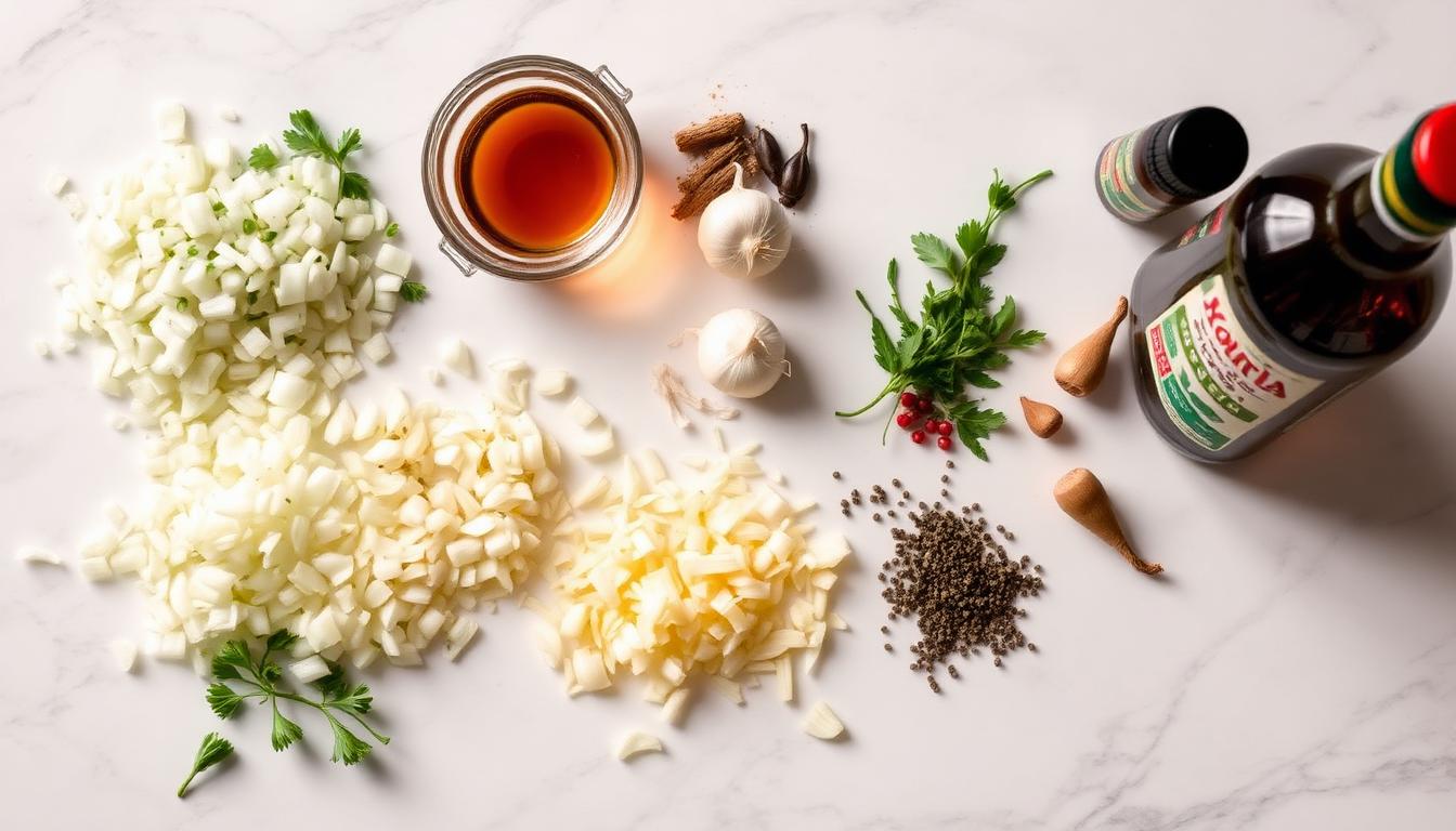 Mise en place of aromatics including diced onions, minced garlic, fresh herbs, and spices on a marble countertop