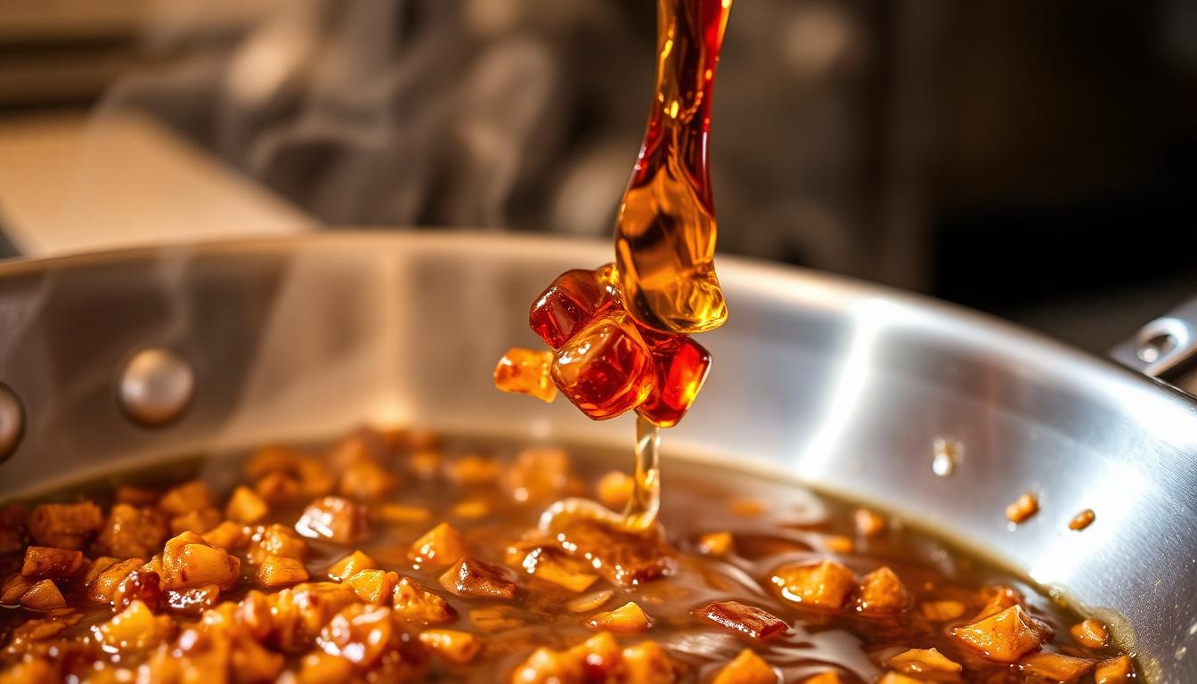 Deglazing a hot stainless steel pan with wine, lifting caramelized fond from the surface