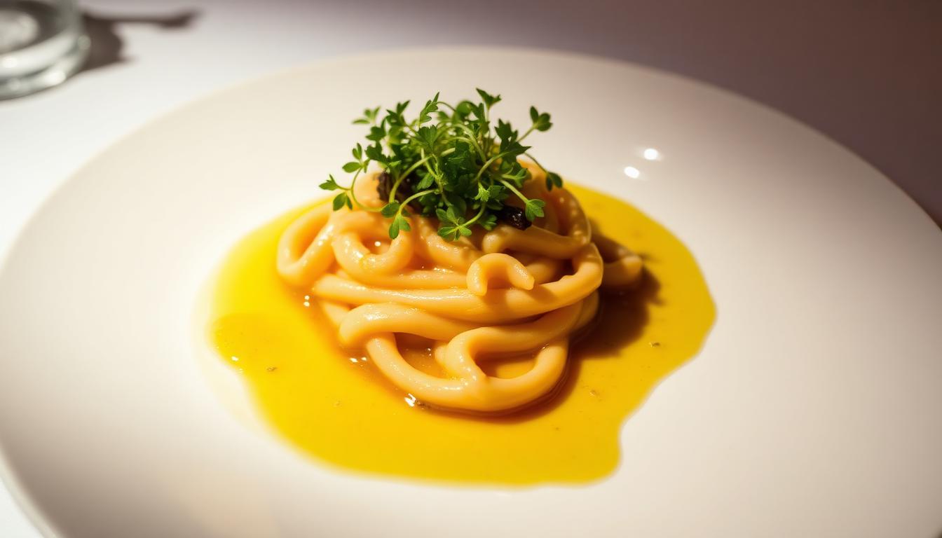 Restaurant-quality plated dish with elegant sauce, fresh microgreens, and a drizzle of olive oil