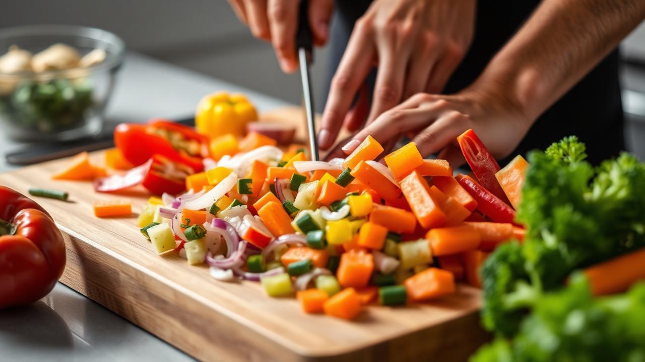 Hands chopping colorful fresh vegetables on a wooden cutting board for meal prep