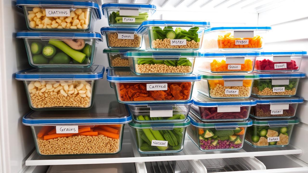 Organized glass meal prep containers stacked neatly in a refrigerator with labeled meals