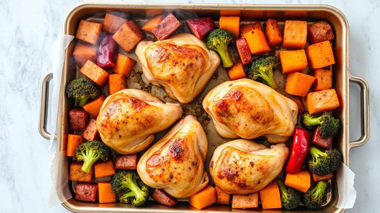 Sheet pan with golden roasted chicken thighs and colorful vegetables fresh from the oven