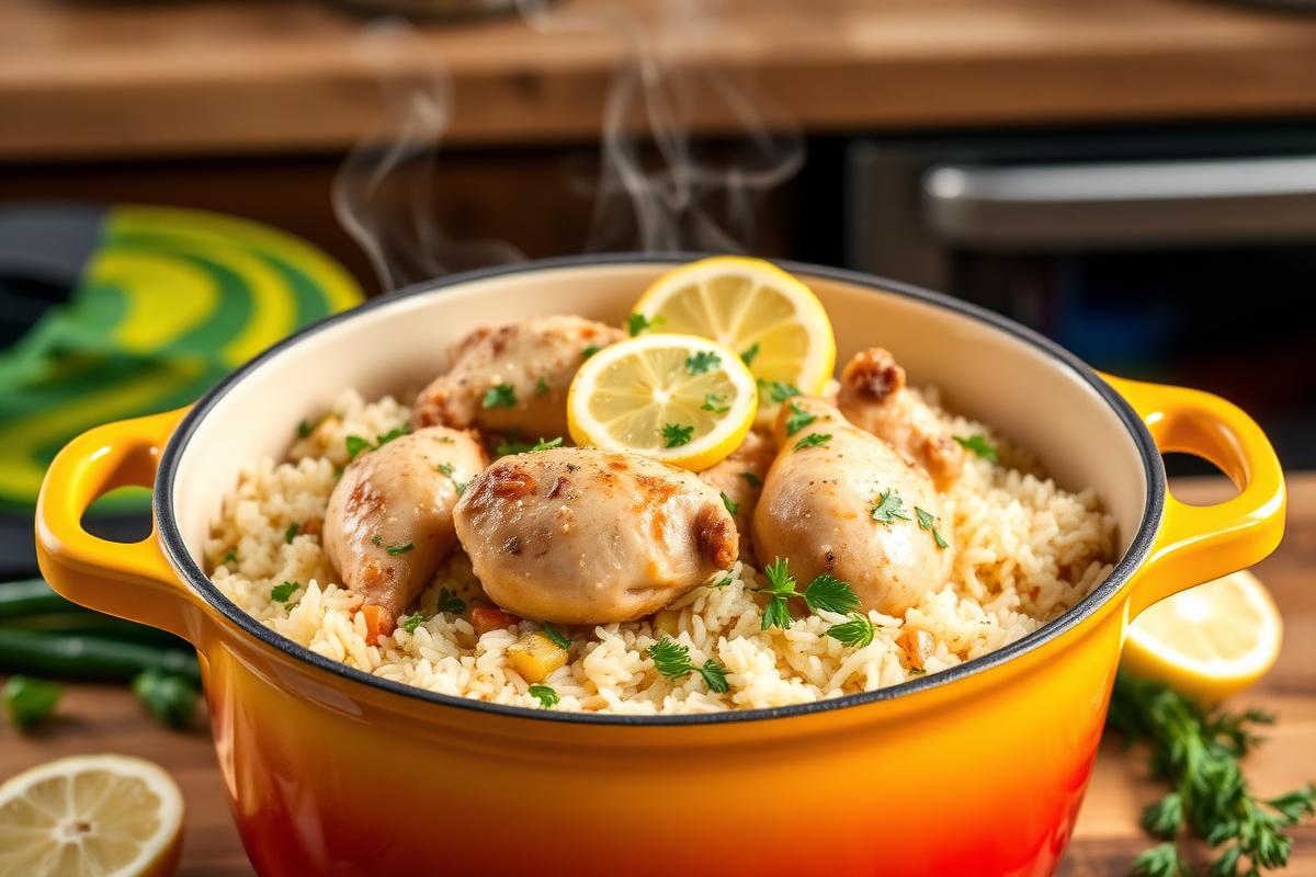 Golden one-pot lemon herb chicken and rice in a Dutch oven garnished with fresh herbs