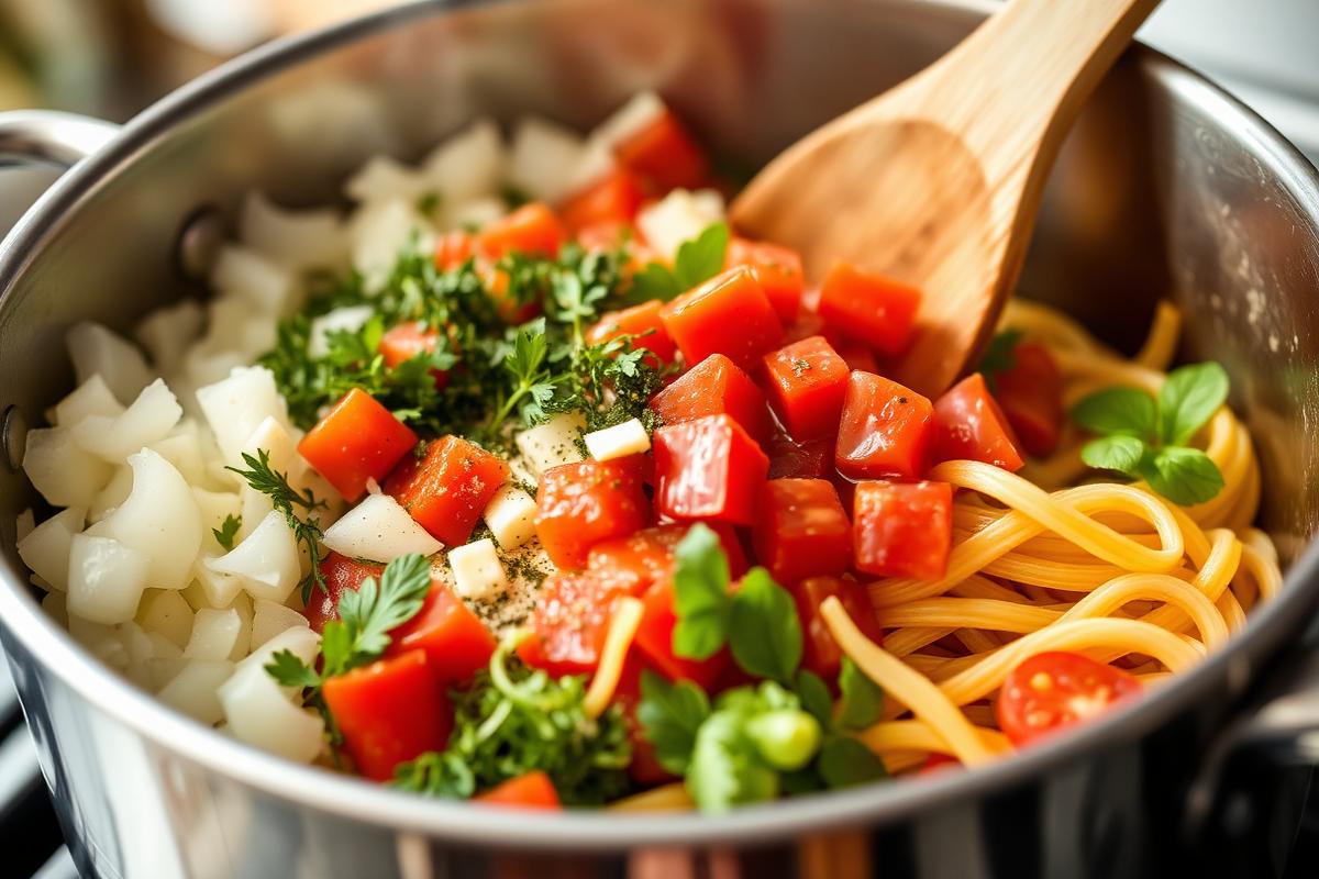 Fresh ingredients being added to a large pot for a one-pot dinner including onions, tomatoes, herbs, and pasta