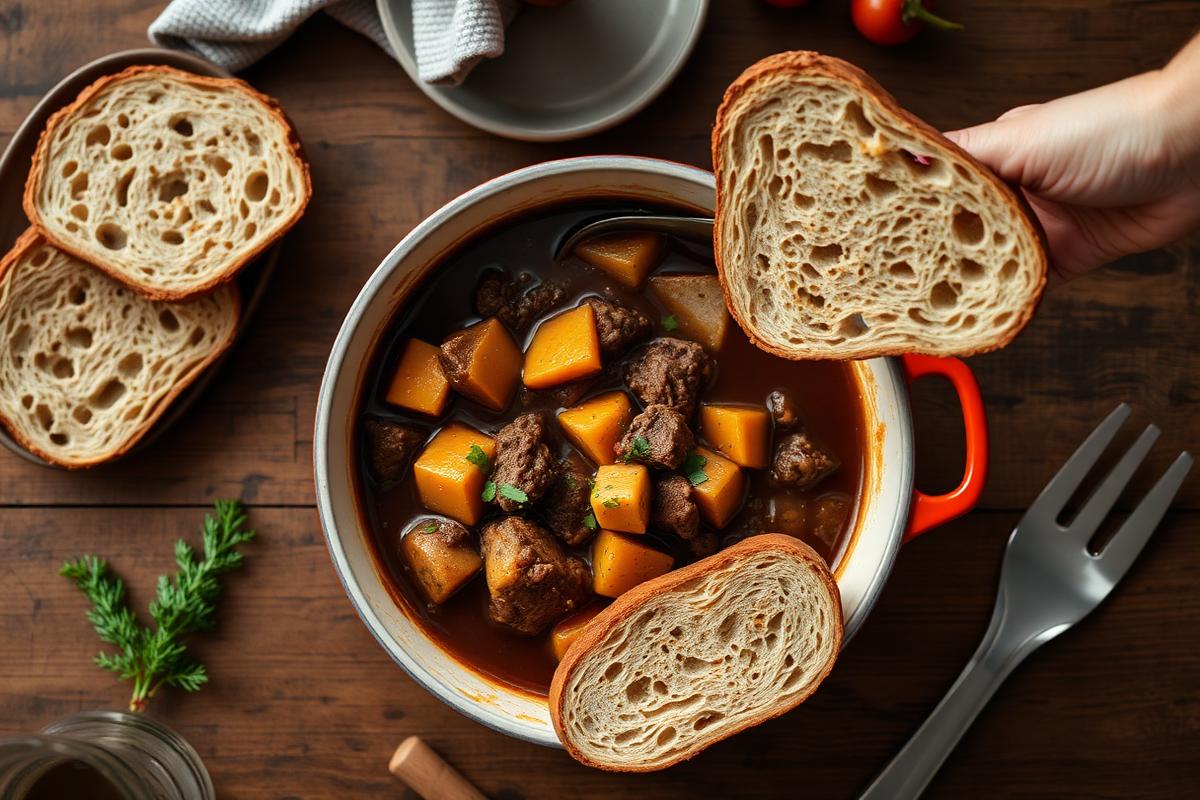 Hearty one-pot beef stew with root vegetables served with crusty bread