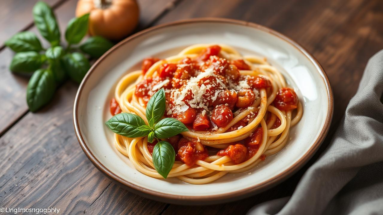 Beautiful plate of fresh homemade pasta with tomato basil sauce
