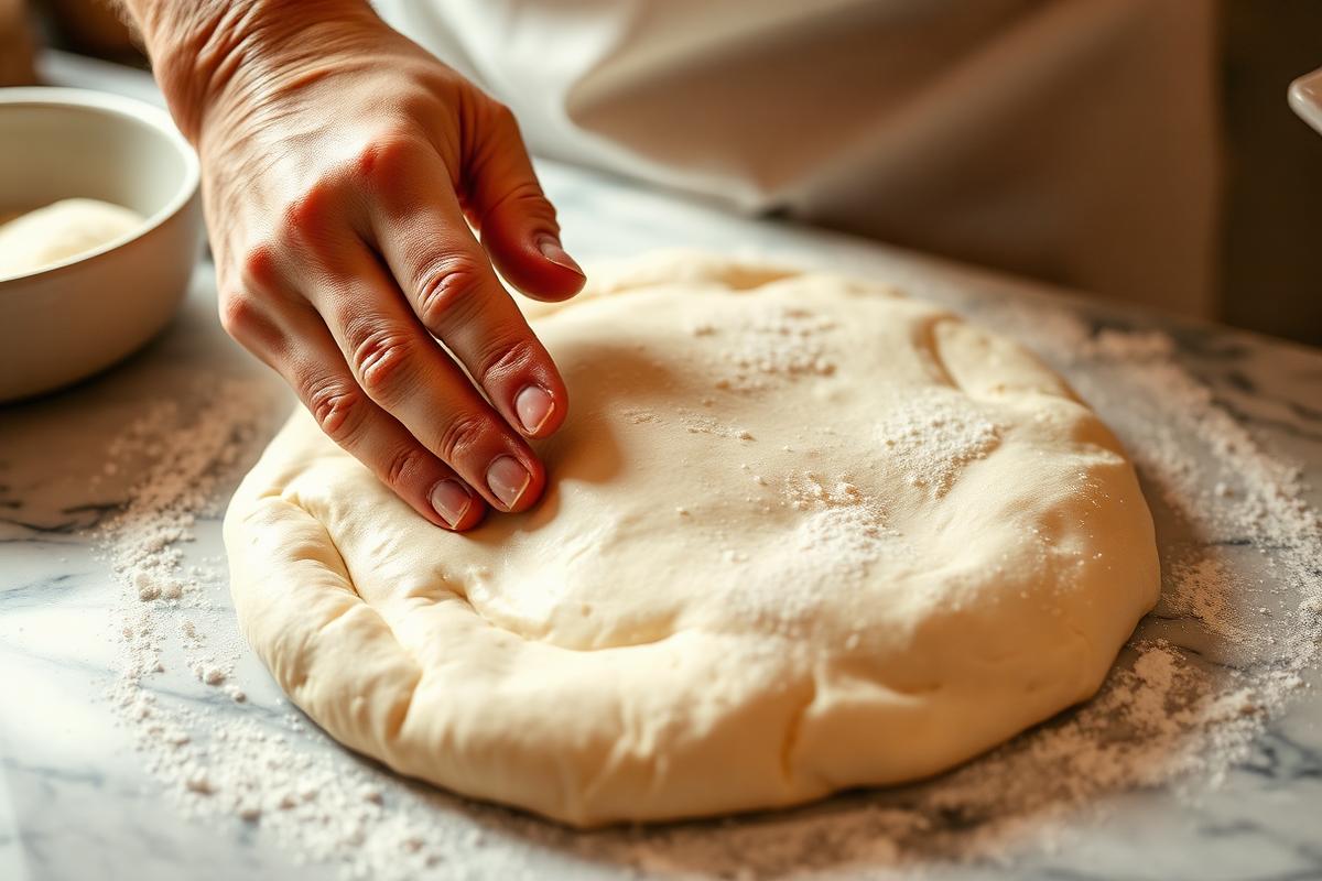 Hands kneading smooth elastic pizza dough on a floured marble surface