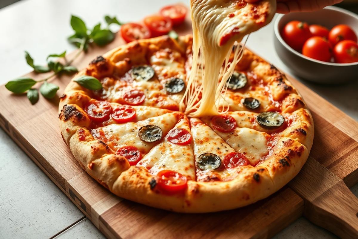 Freshly baked homemade pizza with stretchy melted cheese being sliced