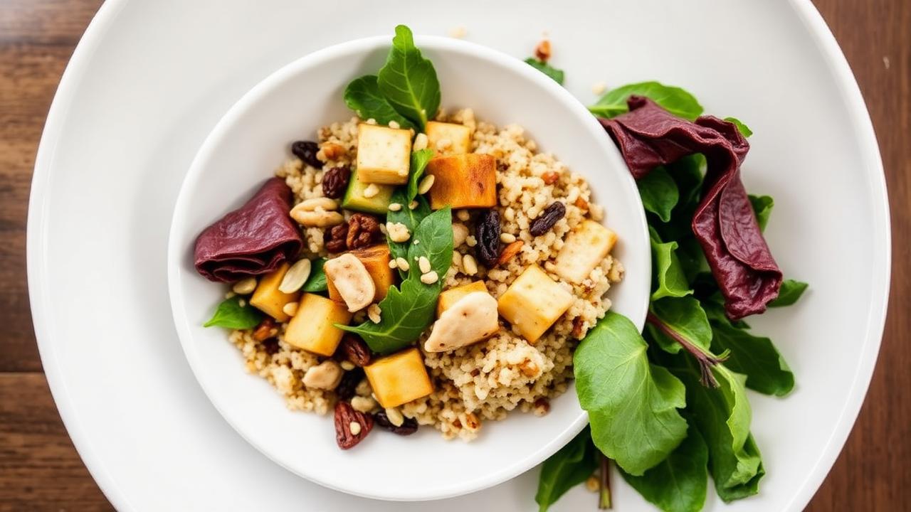 Beautiful plated healthy grain salad bowl with quinoa, roasted vegetables, and leafy greens