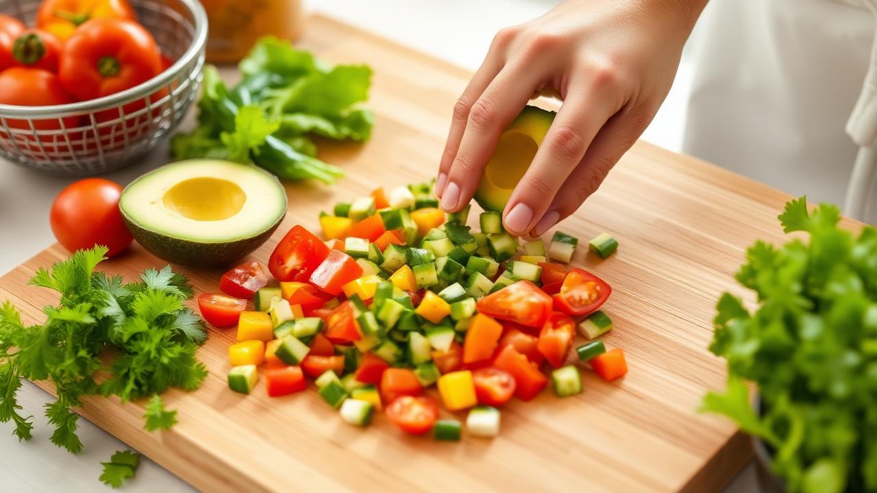 Fresh colorful salad ingredients being chopped on a wooden cutting board with avocado and vegetables