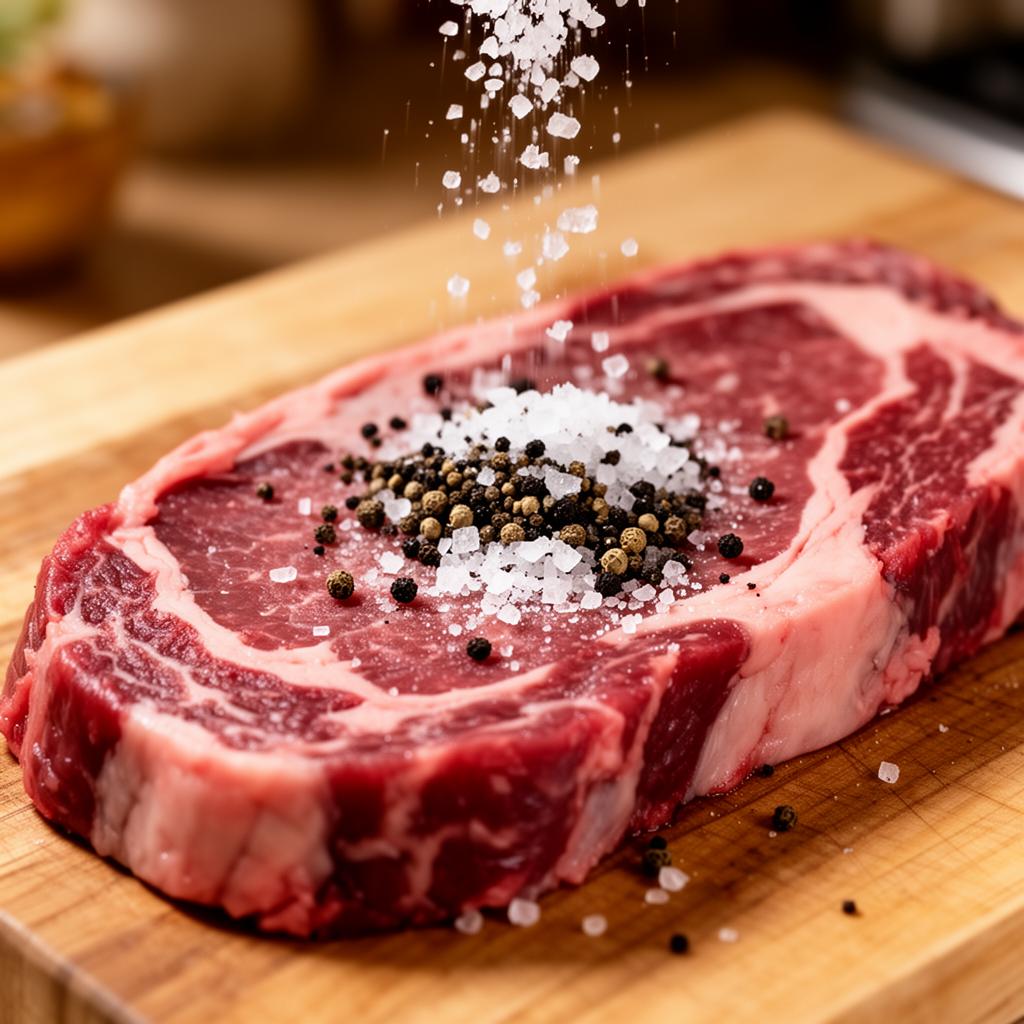 Raw ribeye steak being seasoned with coarse salt and black pepper