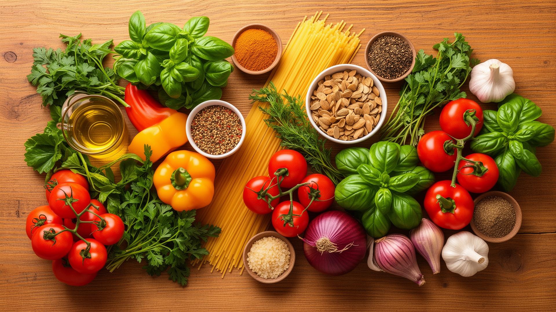 Fresh cooking ingredients on a wooden table