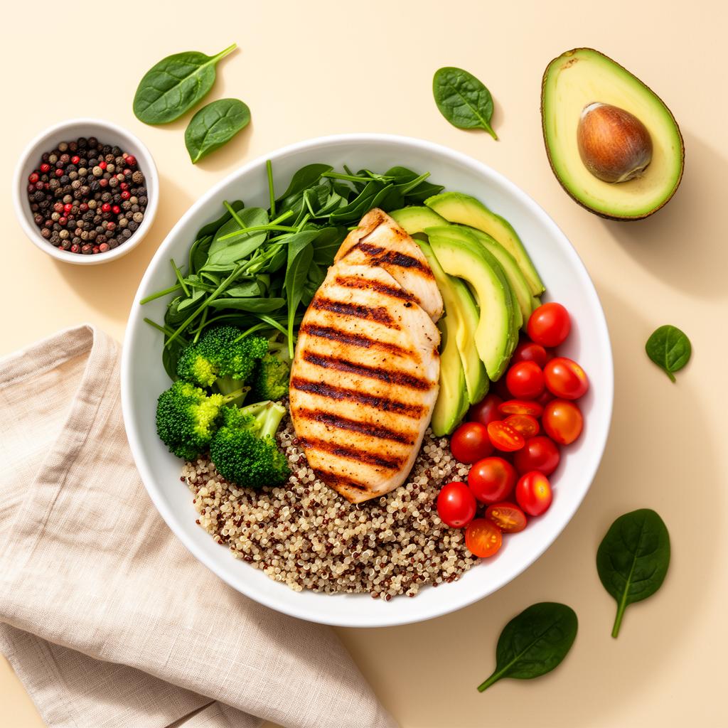 Healthy meal bowl with grilled chicken, avocado, quinoa and vegetables