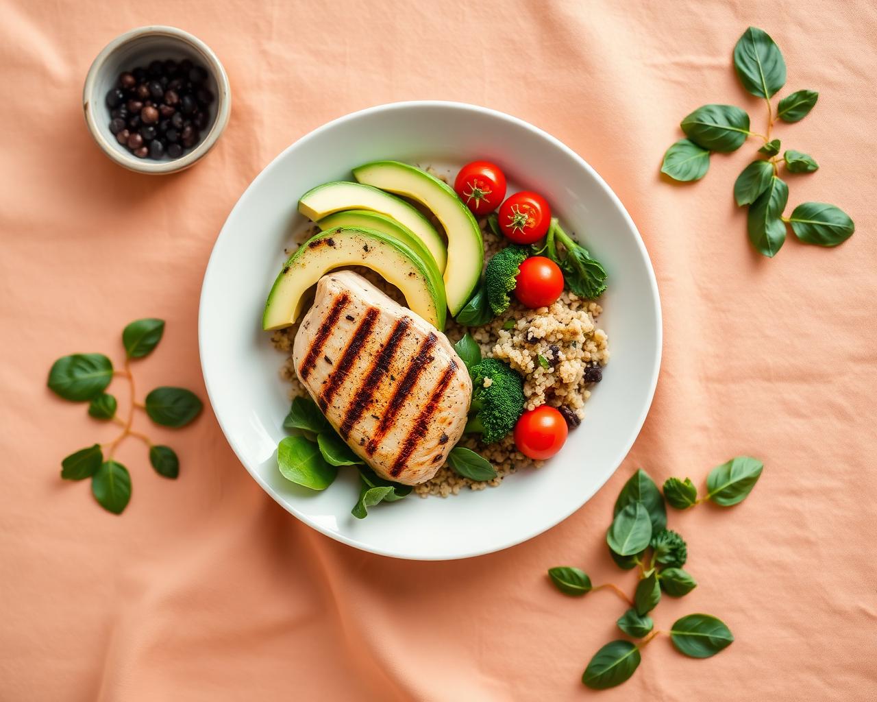 Healthy meal plan plate with grilled chicken, quinoa, and vegetables